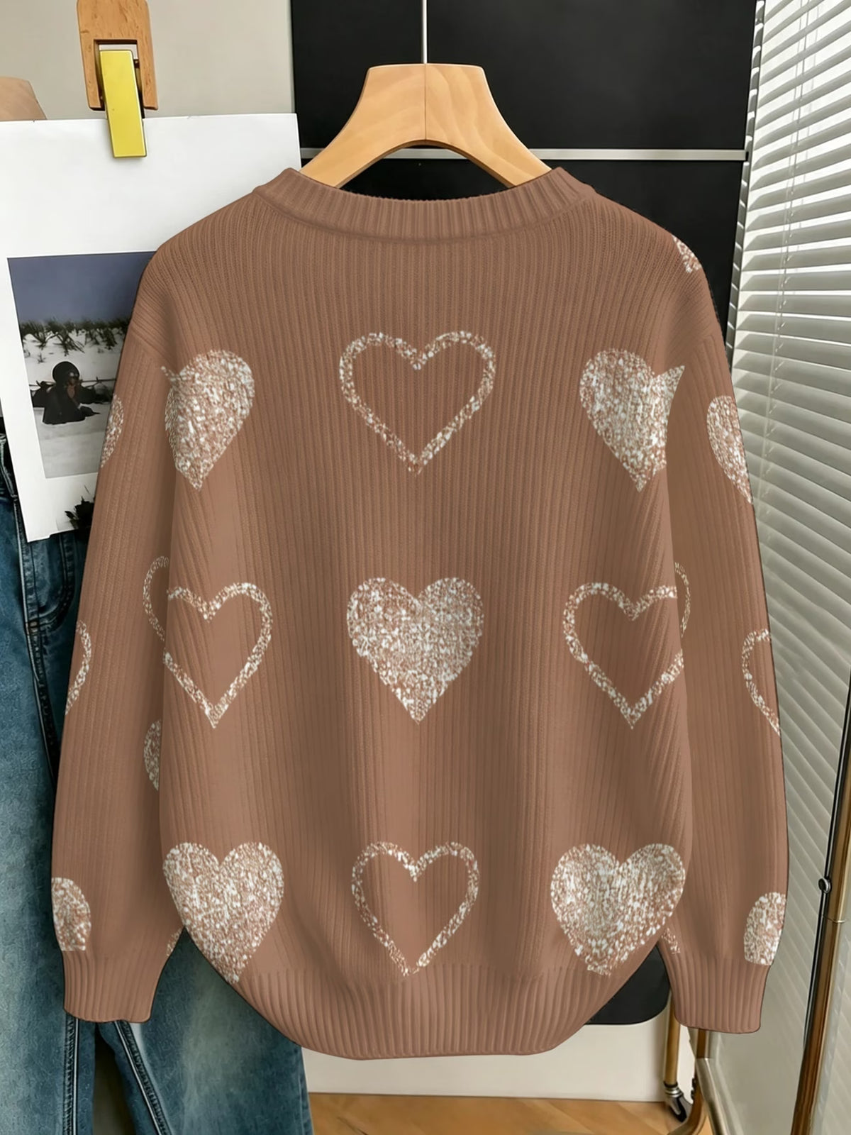 Women's Rose Gold Glitter-Effect Heart Print Sweater