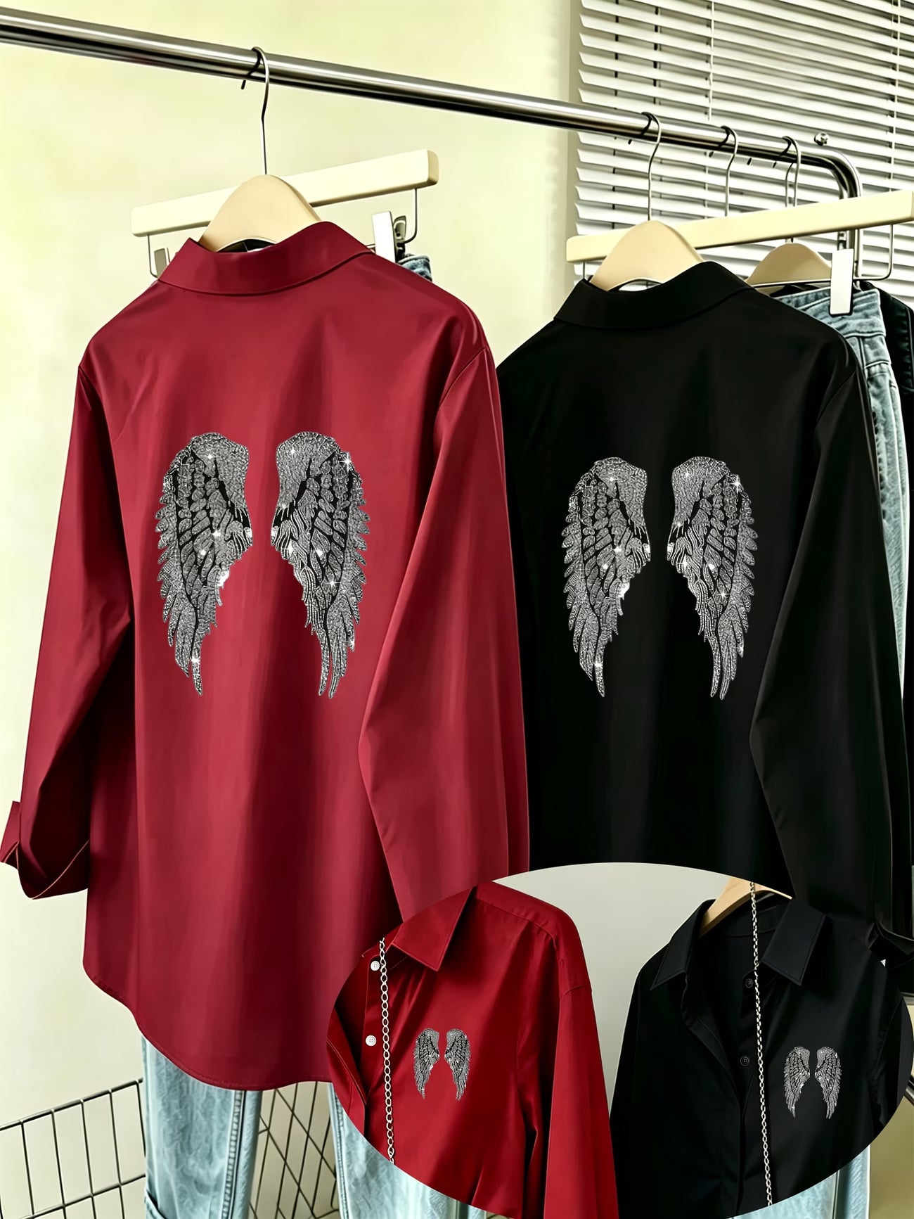 [2-Piece Set] Silvery Glitter Diamond Angel Wings Shirt