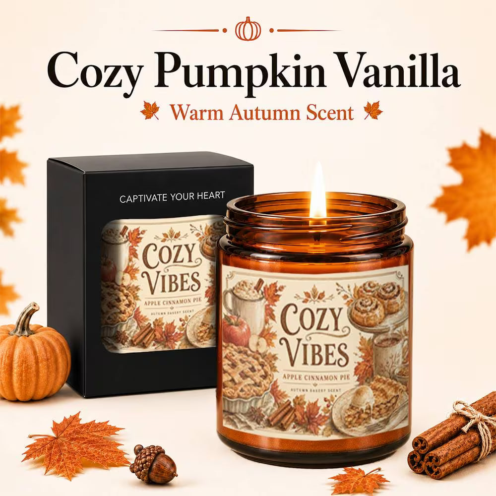 Autumn Pumpkin Vanilla Scented Candle | Vintage Fall Label Glass Jar