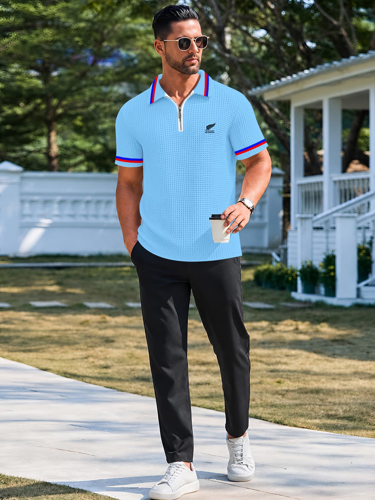 Men's Waffle-Knit Quarter-Zip Polo Shirt