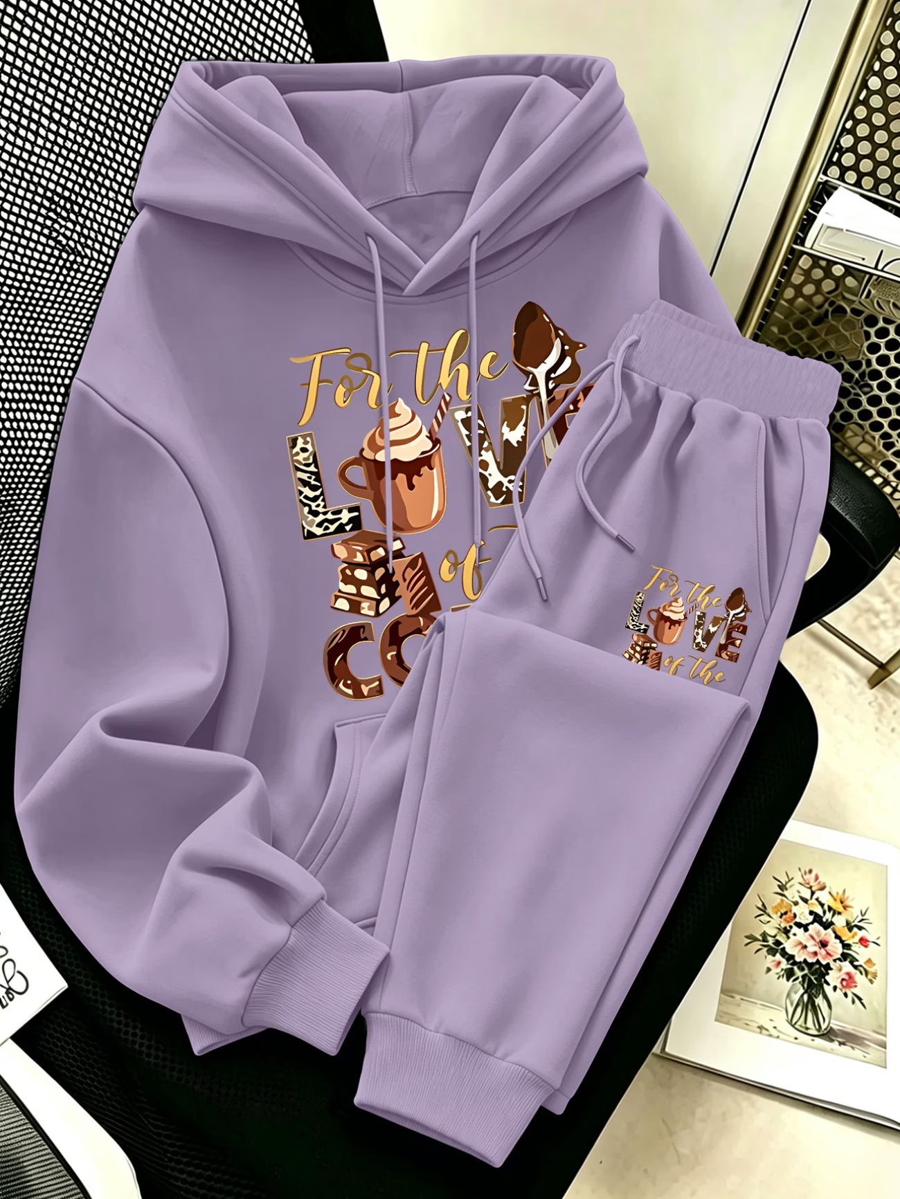 Plus Size Coffee & Dessert Print Hoodie & Pants Set — Vibrant Cute Design