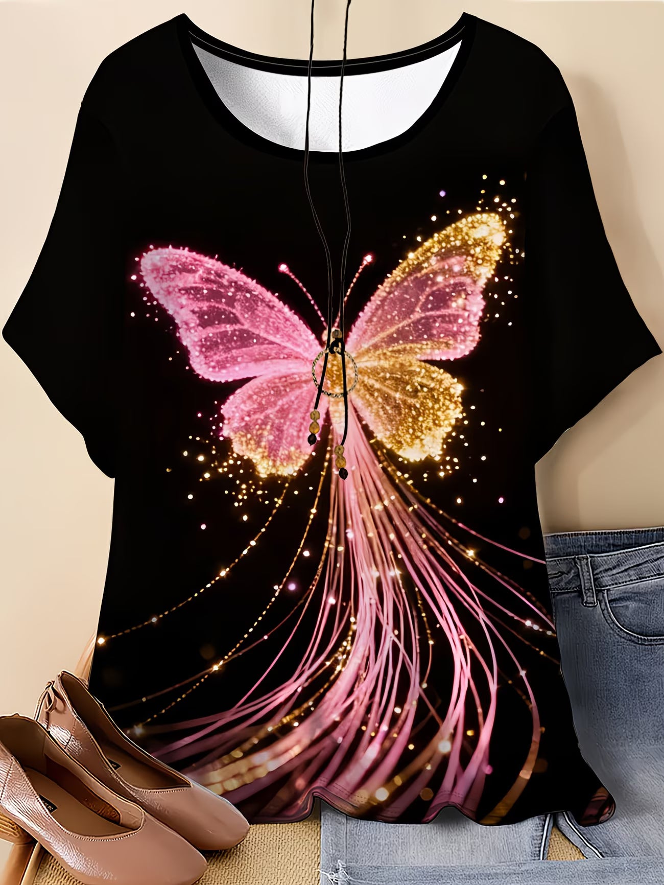 Colourful Butterfly Print T-Shirt — Plus Size