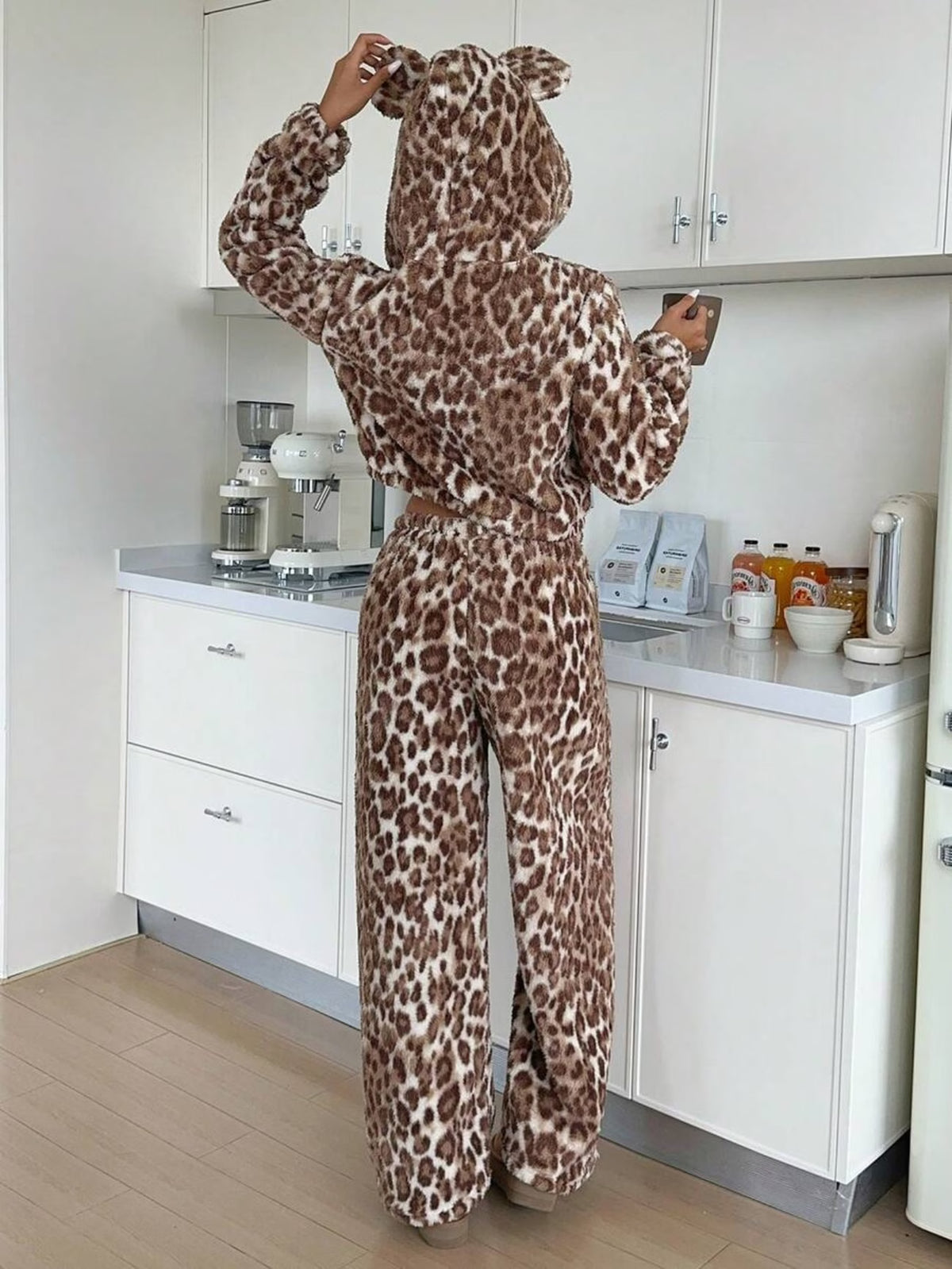 Women's Leopard Print Plush Bear-Ear Hoodie & Wide-Leg Trouser Set