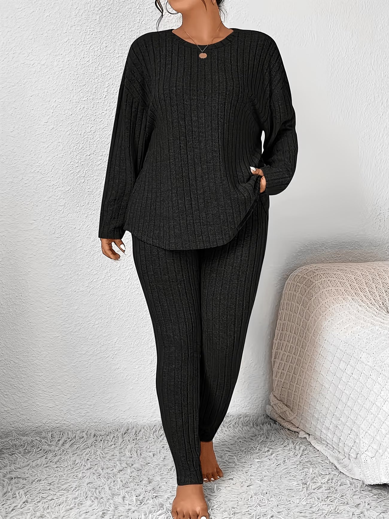 Solid Colour Long-Sleeve Top & Trousers Casual Set
