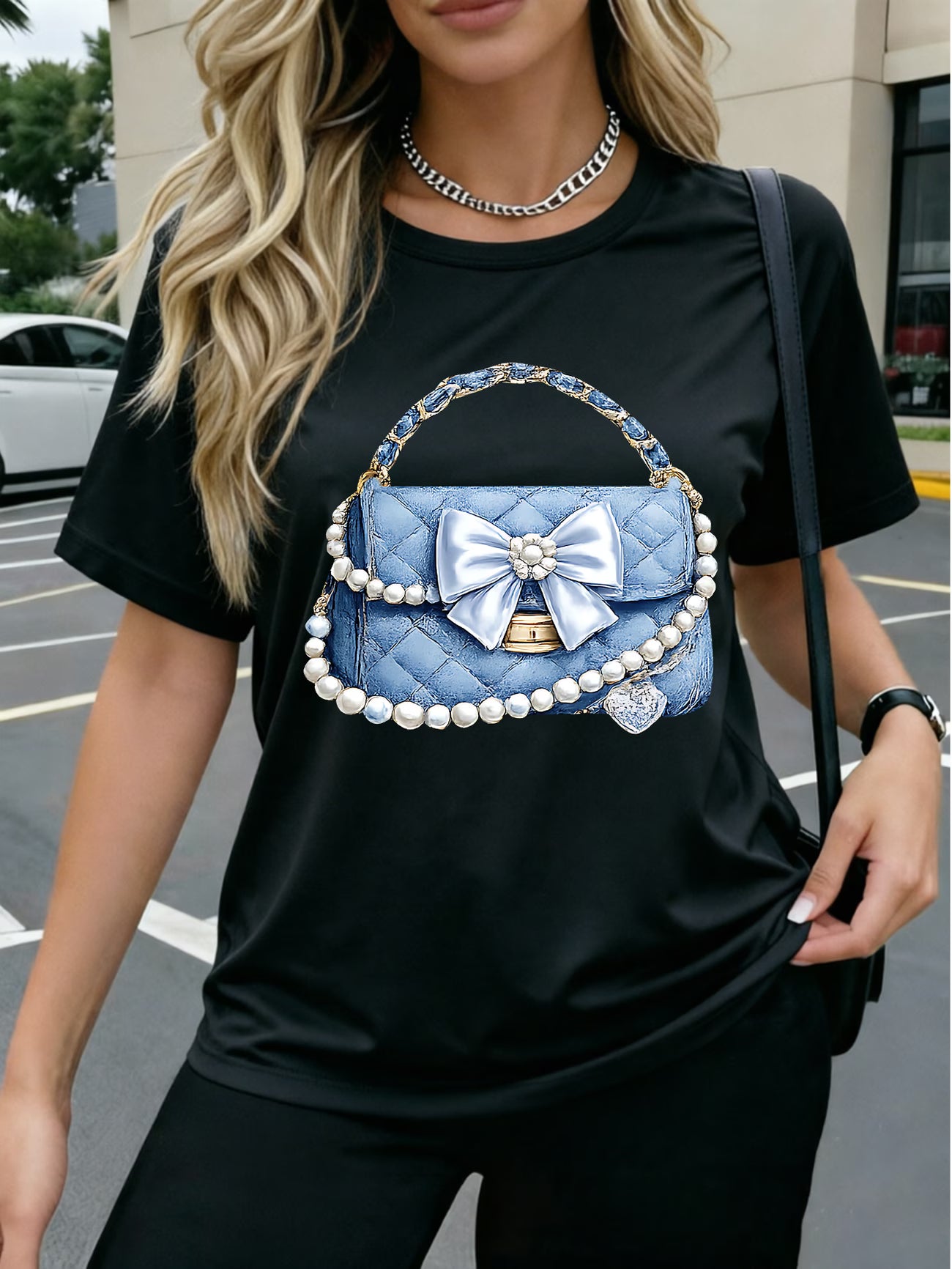 Denim Fabric Soft Denim Pearl Bow Heart T-Shirt