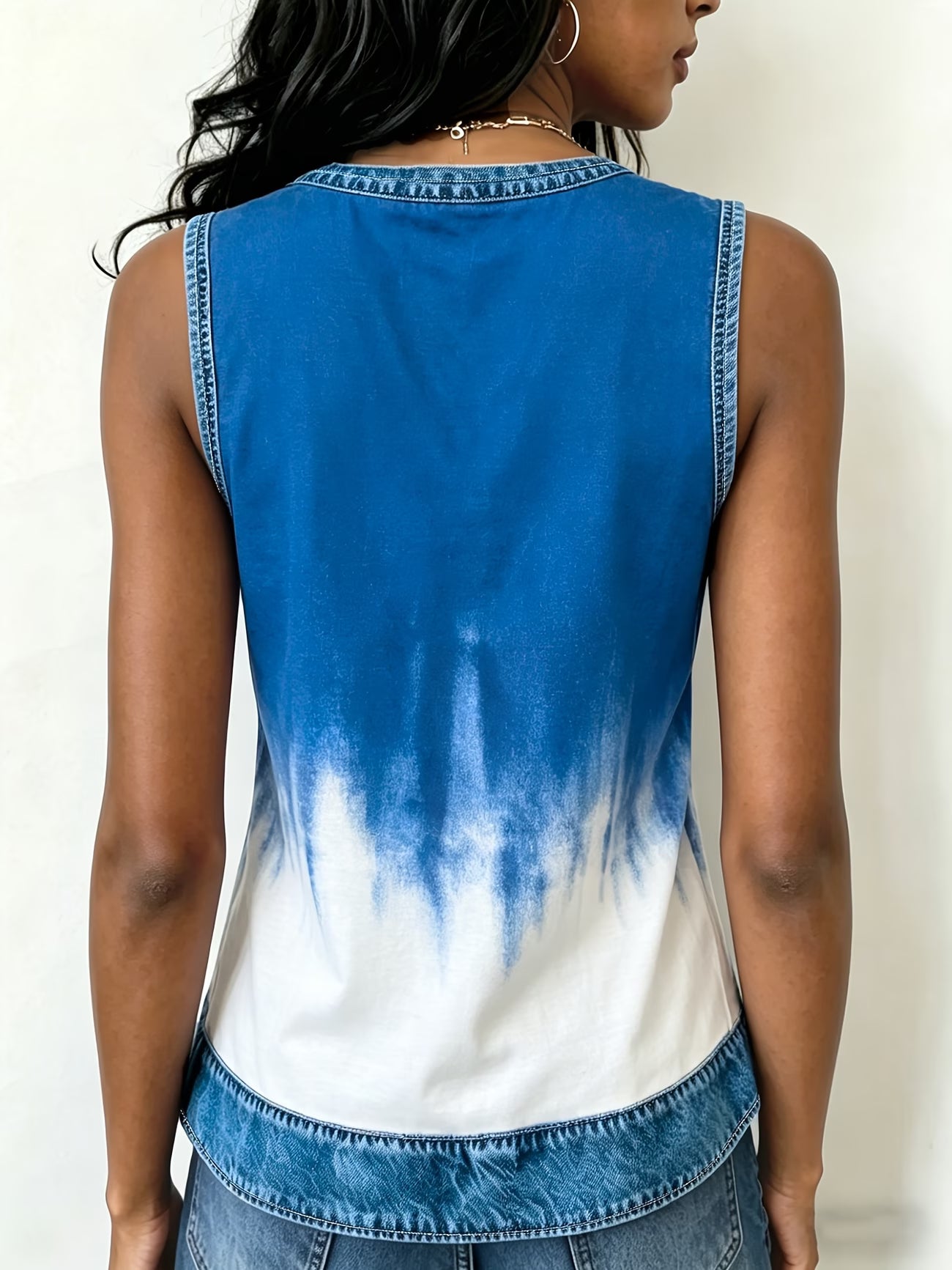 Women's Gradient Blue Denim-Effect V-Neck Tank Top — 2-in-1 Look