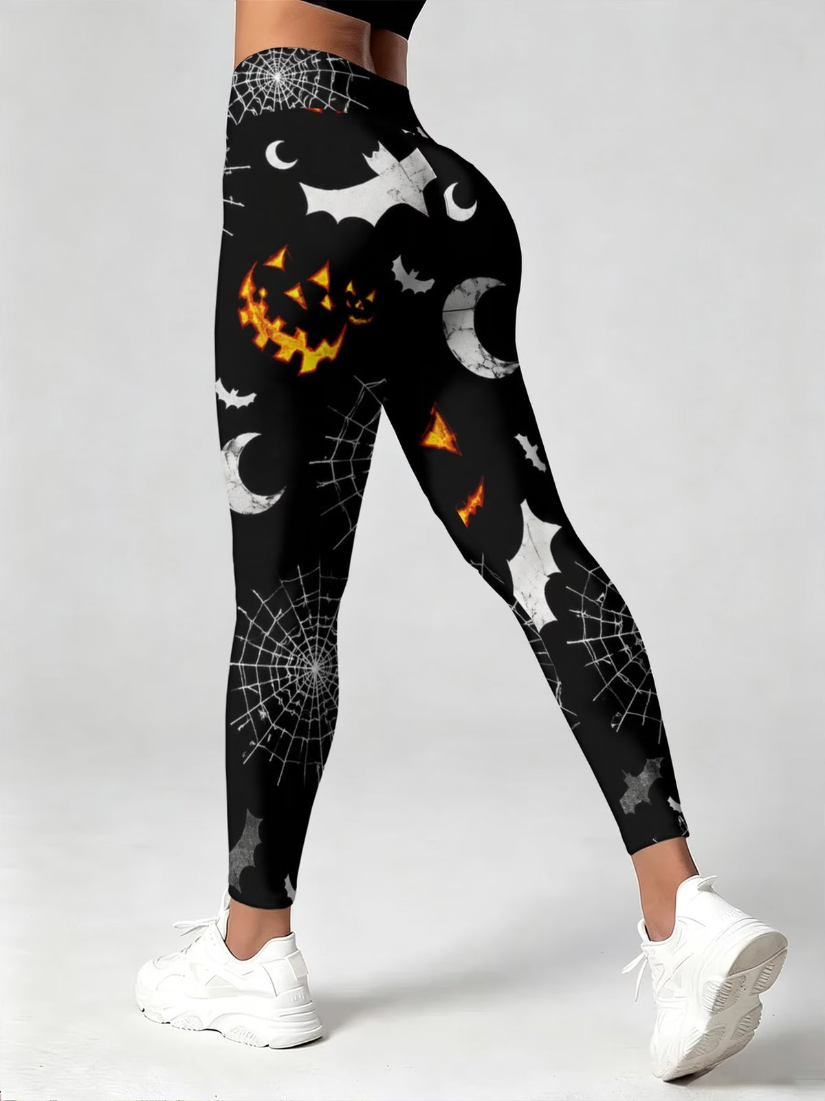 Women's Halloween Pumpkin, Bat & Spiderweb Print Leggings