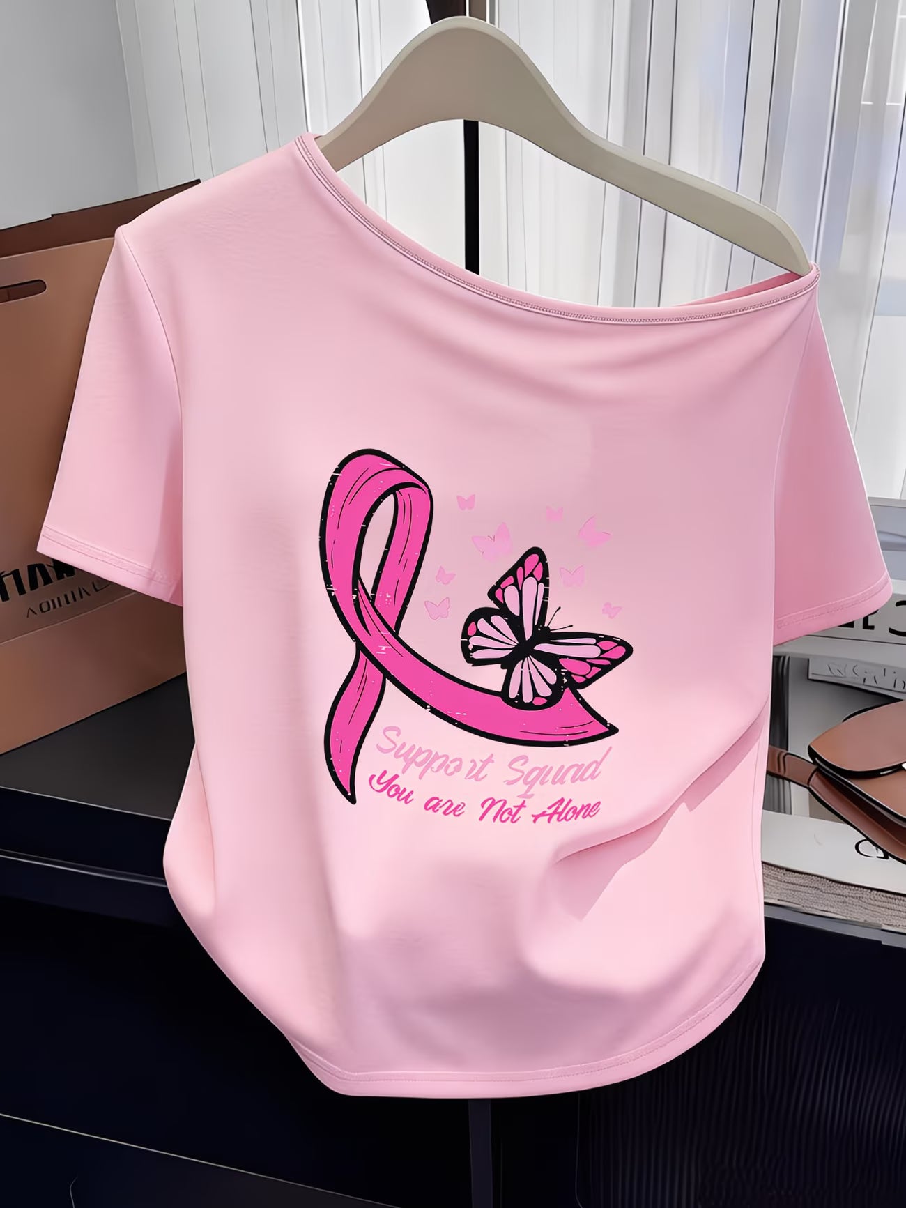 Women's Y2K Off-Shoulder Tee – Pink Ribbon & Butterfly Print