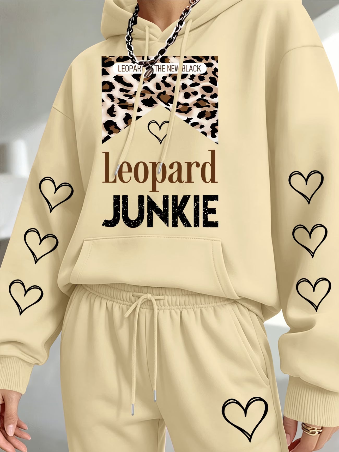Leopard Junkie Heart Print Hooded Sweatshirt & Joggers Set