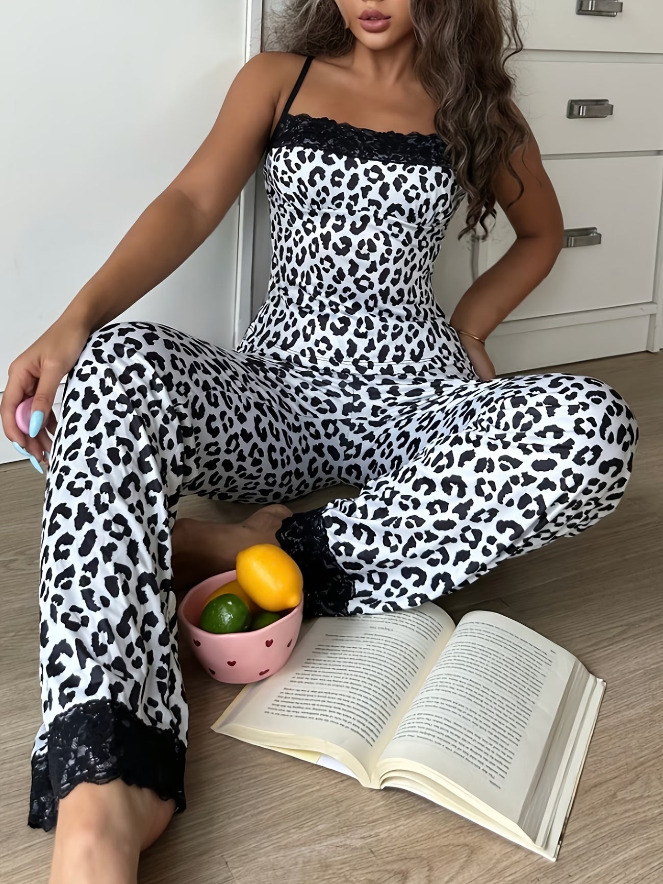 Leopard Print Lace-Trimmed Camisole and Pants