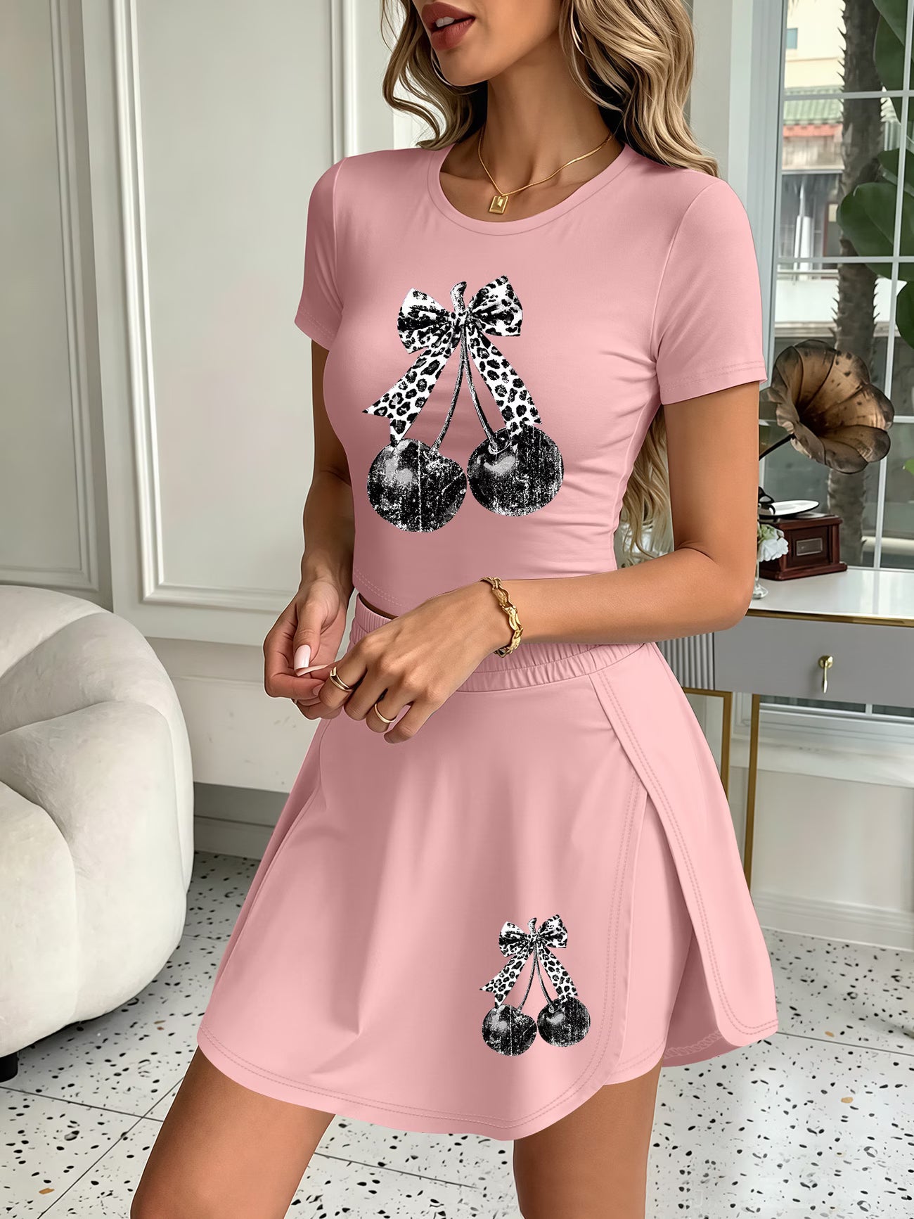 Cherry Print Casual Tight Short-Sleeved T-Shirt shorts-skirt set