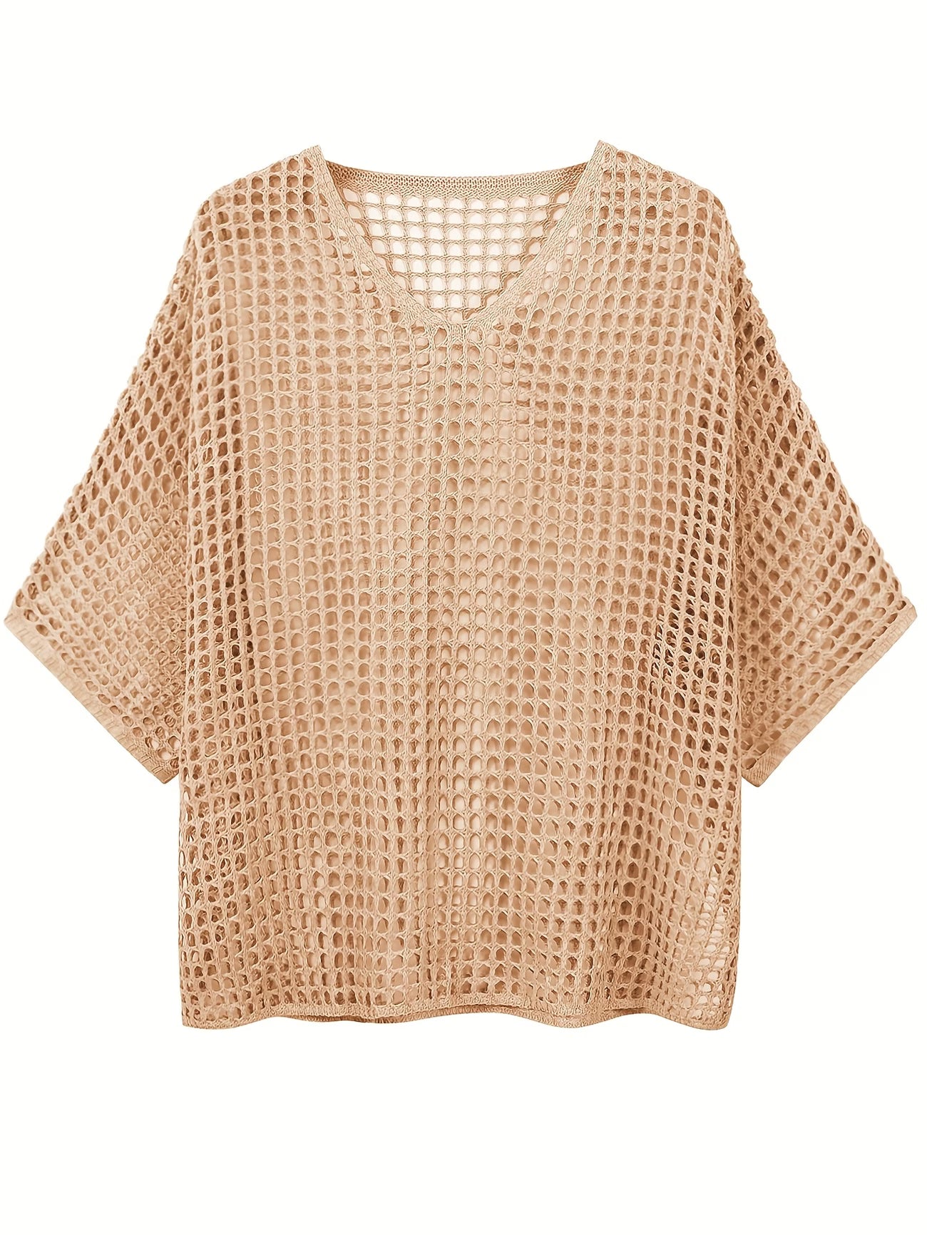 Plus Size Three-Quarter Sleeve Hollow-Out Blouse — Solid Colour