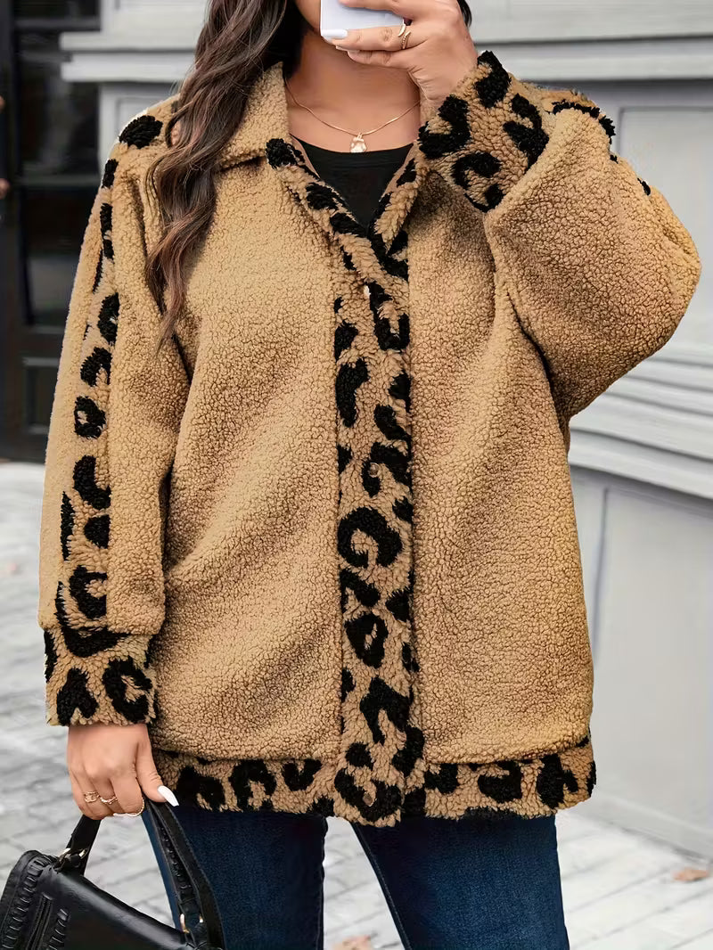 Plus Size Women'S Leopard Print Fleece Jacket