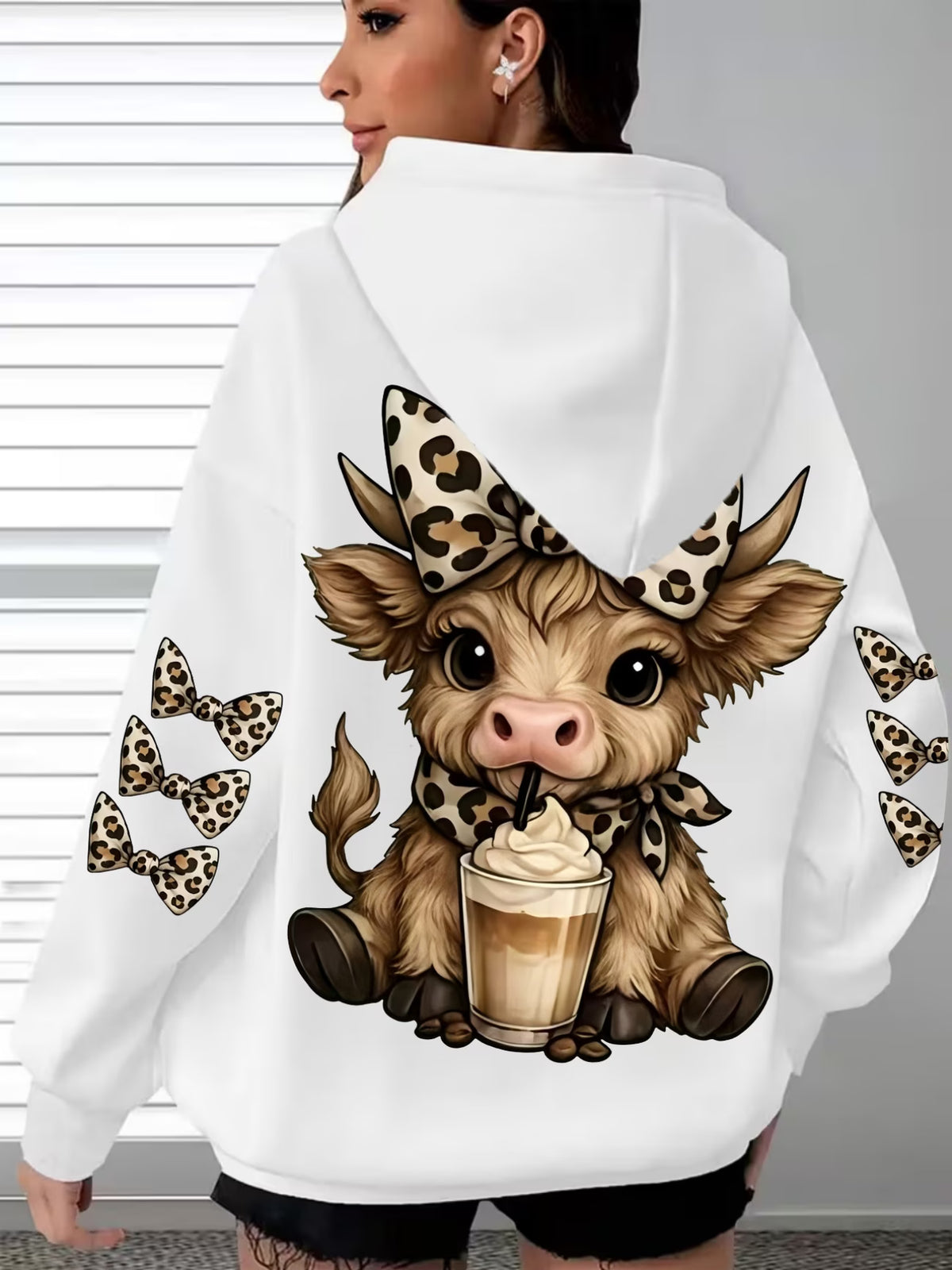 Casual Hooded Leopard Print Bow Highland Cow Print Sweatshirt
