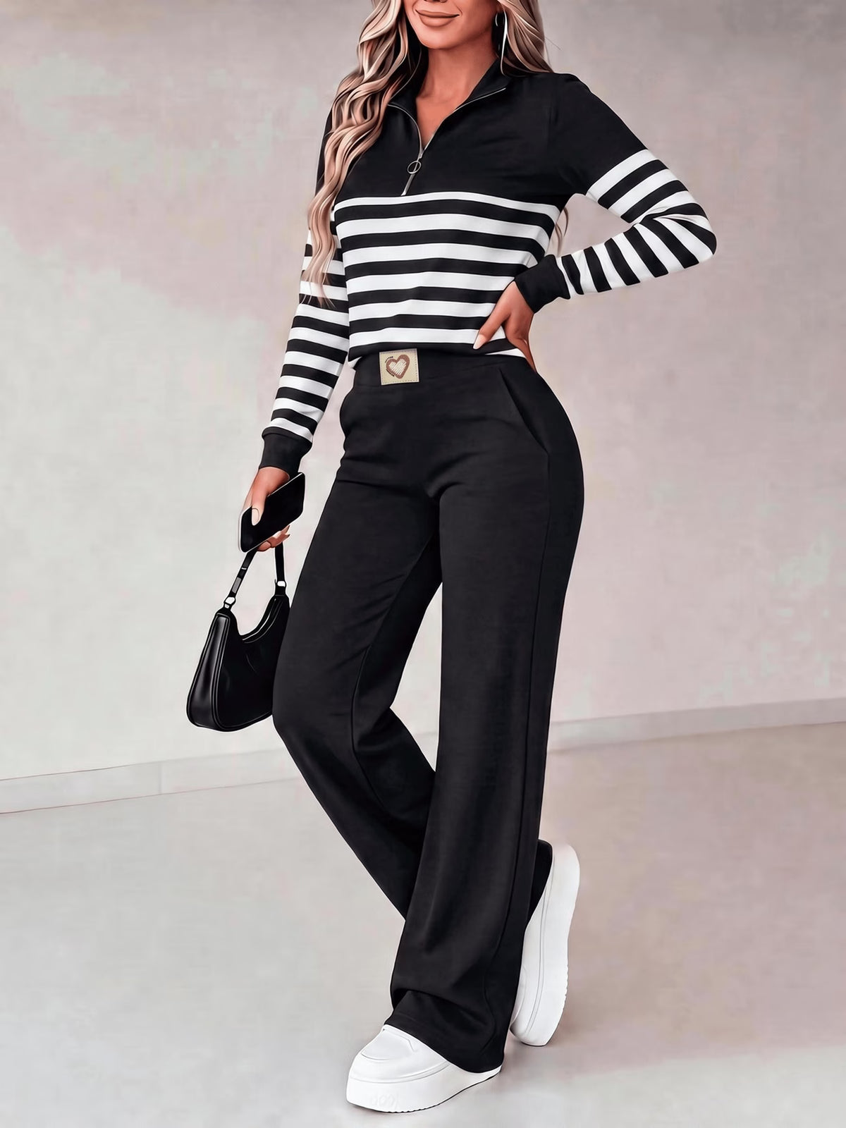 Women’s Striped Patchwork Top & Slim-Fit Trousers Set