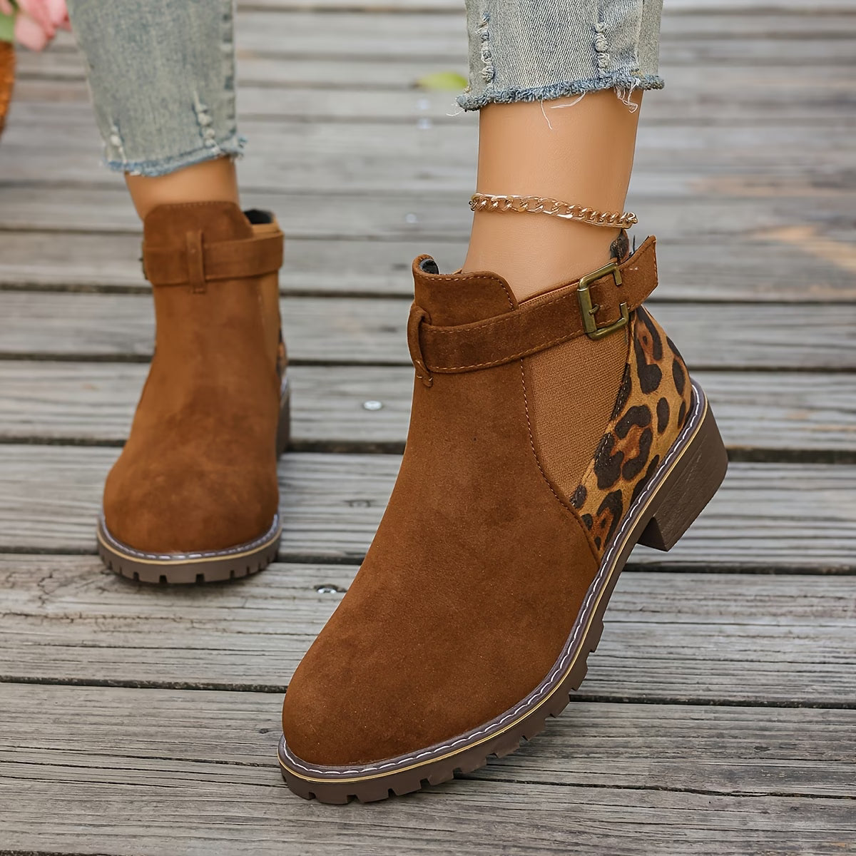 Women’s Leopard Print Chelsea Boots with Bronze-Tone Buckle