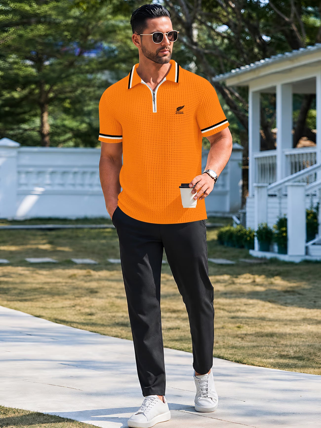 Men's Waffle-Knit Quarter-Zip Polo Shirt