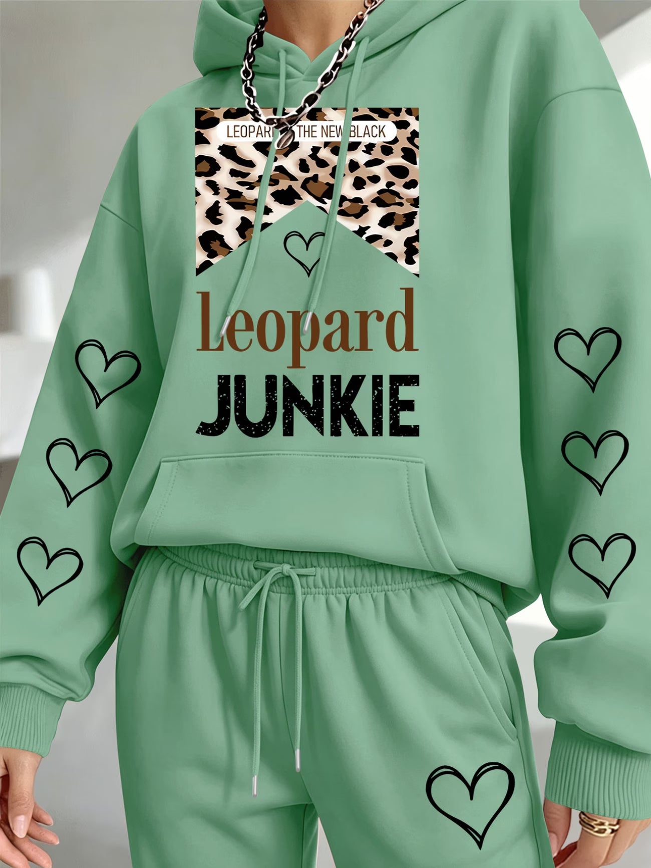 Leopard Junkie Heart Print Hooded Sweatshirt & Joggers Set