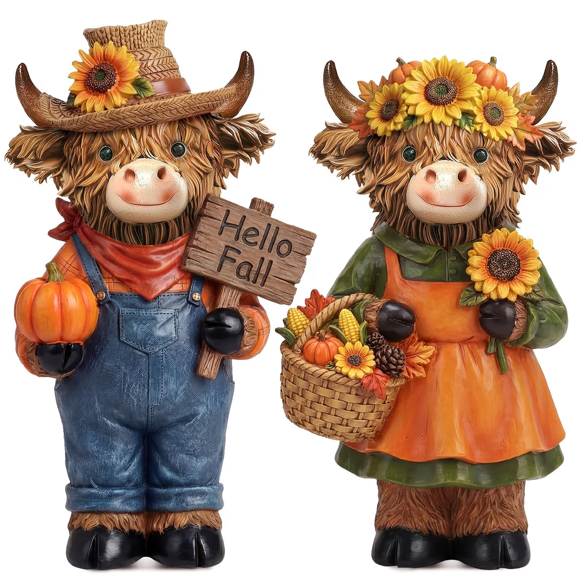 2 Pack Autumn Scottish Highland Cattle Ornaments – Sunflower Harvest Edition