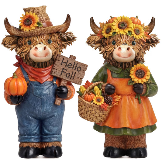 2 Pack Autumn Scottish Highland Cattle Ornaments – Sunflower Harvest Edition