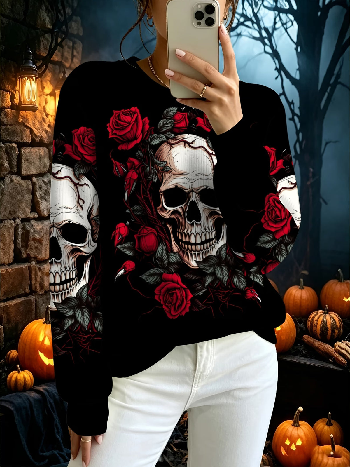 Women's Gothic Skull & Rose Print Long-Sleeve Top