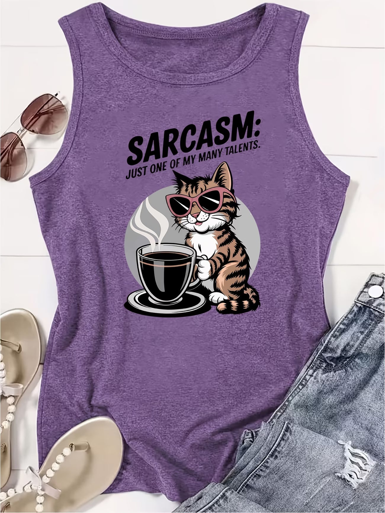 Women's Sarcasm, Cool Cats & Coffee Print Sleeveless Vest