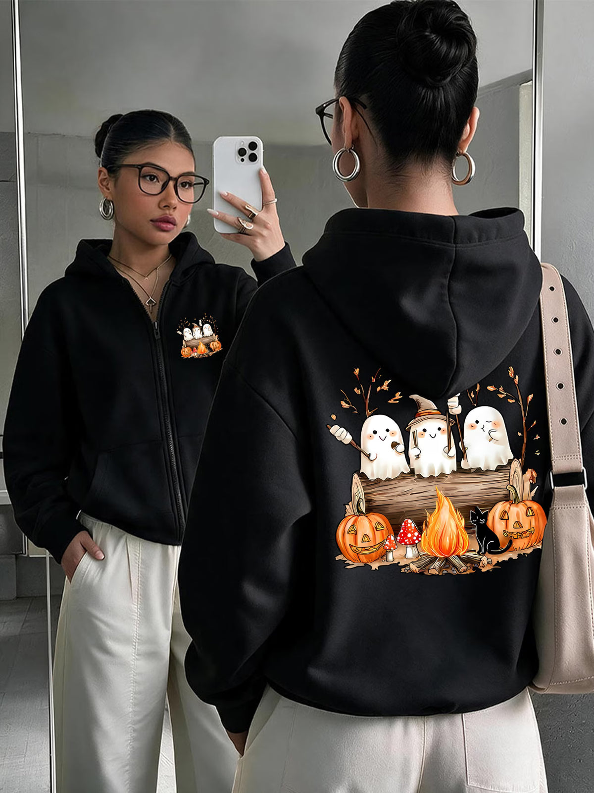 Halloween Cartoon Print Y2K Zip-Up Hoodie | Loose Hooded Cardigan Outerwear