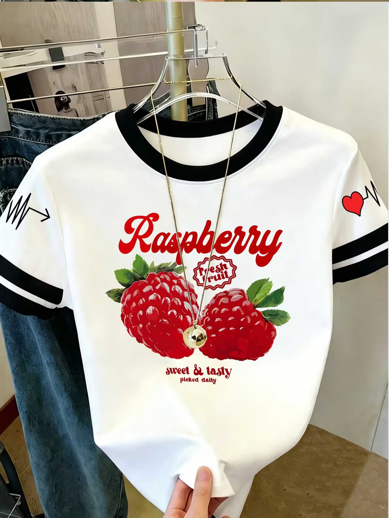 Raspberry Print Colour-Block Short-Sleeve Top