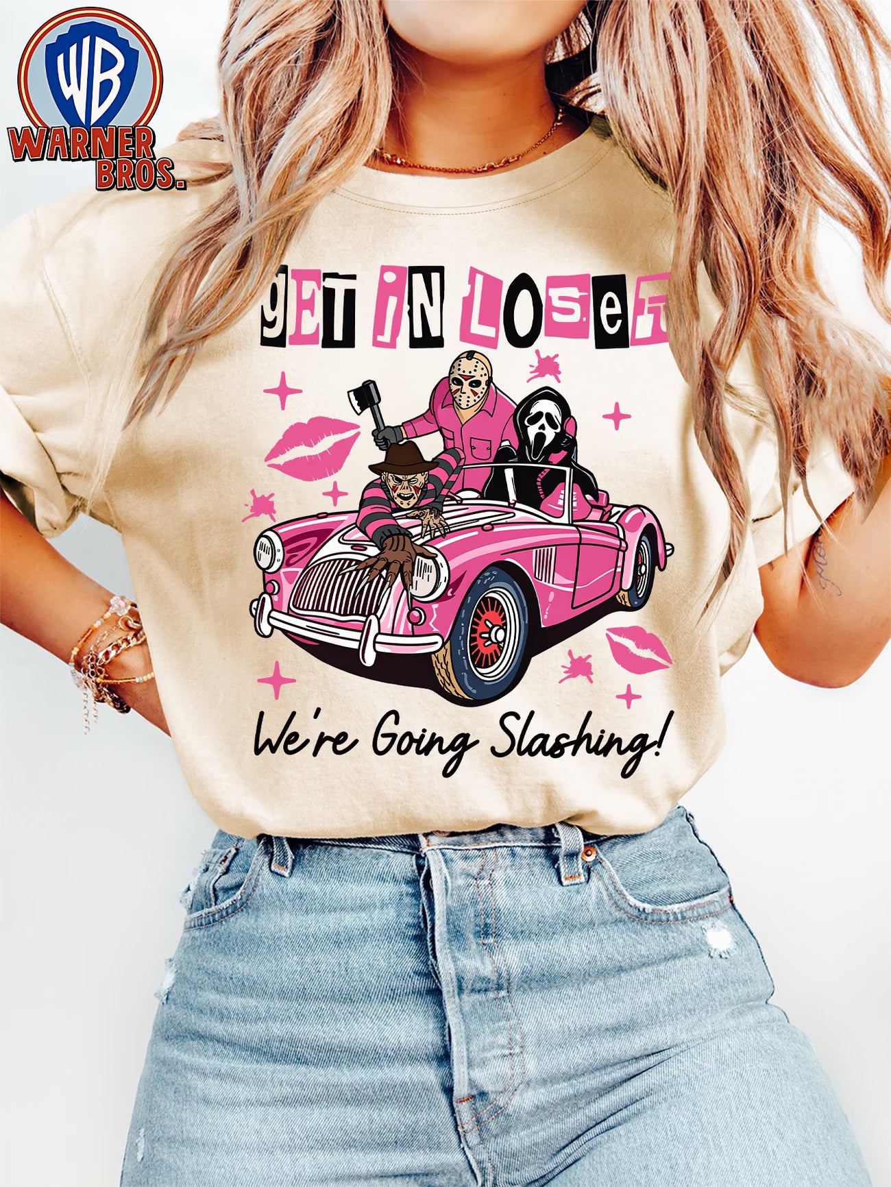 Women's Retro Cartoon Horror Character Pink Car Print T-Shirt