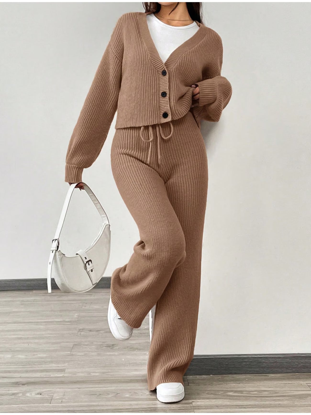 Solid-Color Cardigan and Pants Casual Two- Piece Set, Stylish