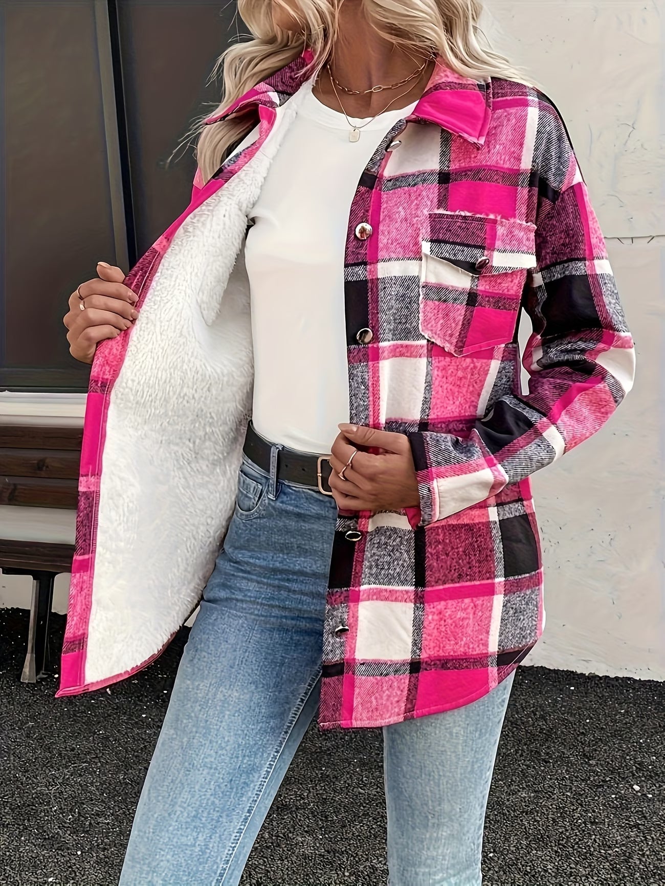 Women's Plaid Fleece-Lined Coat – Elegant Autumn/Winter Outerwear