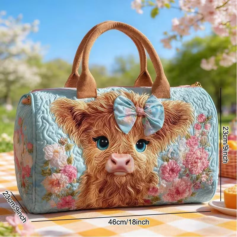 Bohemian-Style Scottish Highlands Cow Print Flat Quilted Tote Bag, Shoulder Bag
