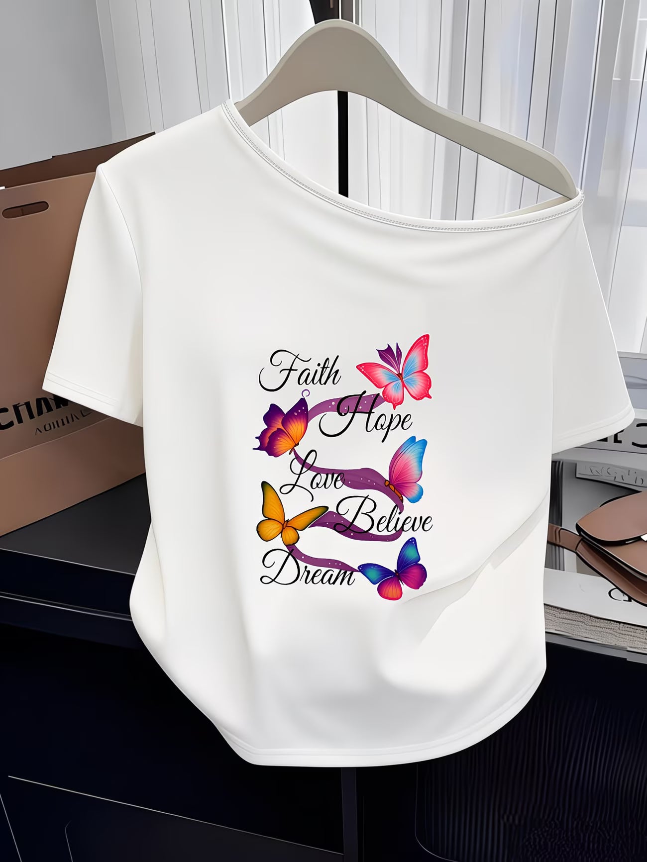 Butterfly Print Off-Shoulder T-Shirt