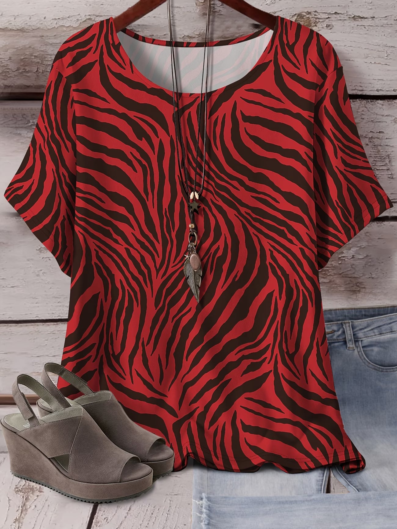 Plus Size Women's Bohemian Irregular Zebra Print Short Sleeve T-Shirt
