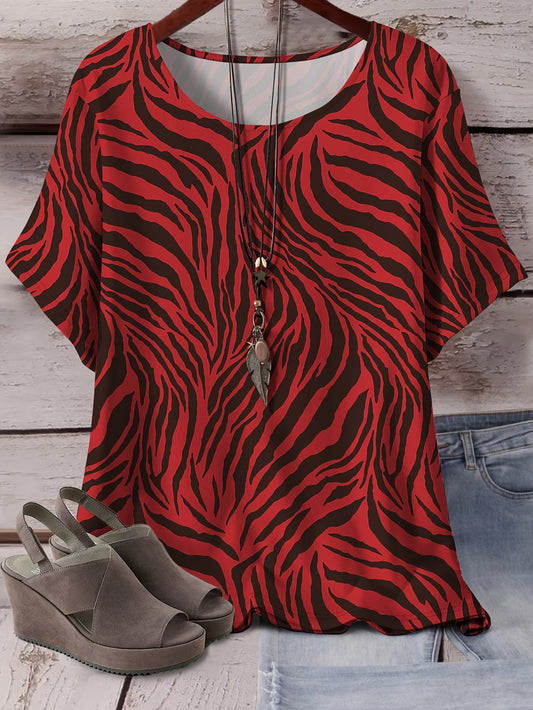 Plus Size Women's Bohemian Irregular Zebra Print Short Sleeve T-Shirt