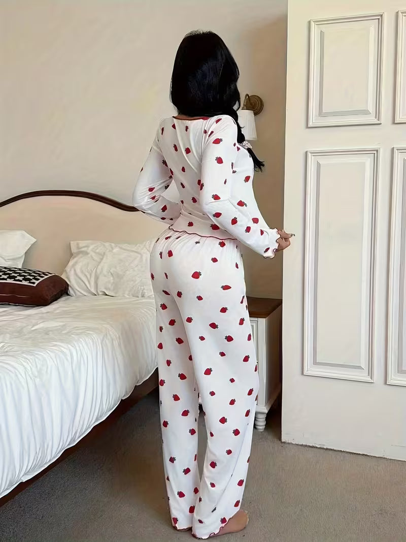 2pcs Women's Long Sleeve Square Neck Bow-Tie Top and Pants Set,
