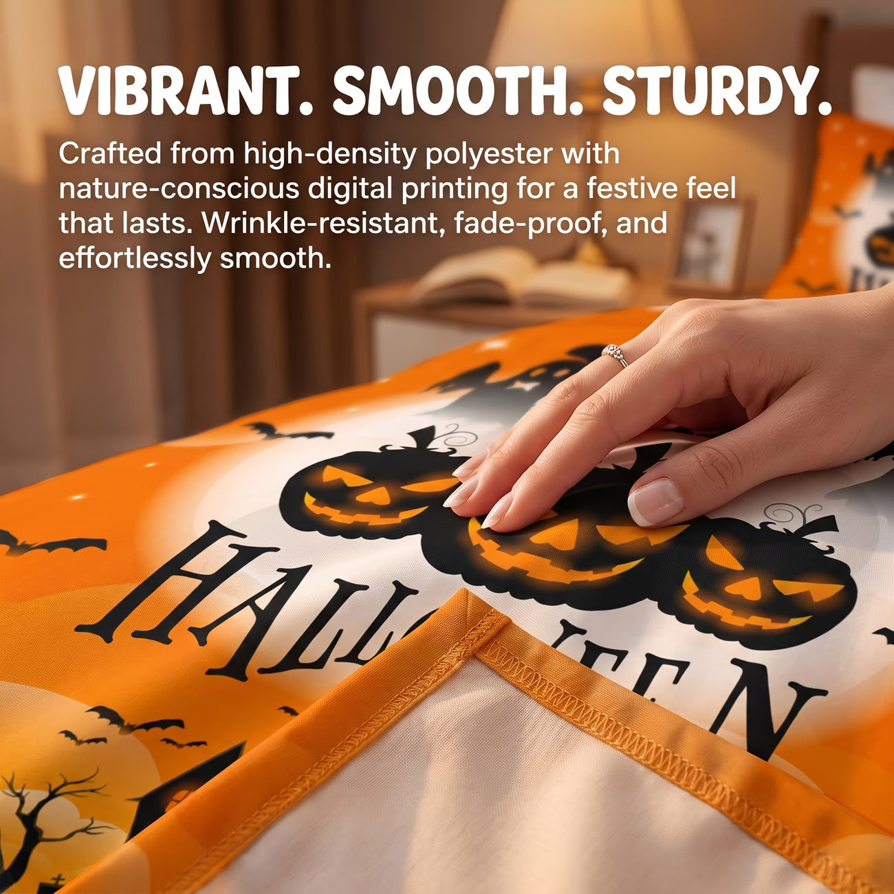 Halloween Pumpkin Print Duvet Cover Set – 3pcs, Double-Sided Design, Solid Black Reverse (Inserts Not Included)