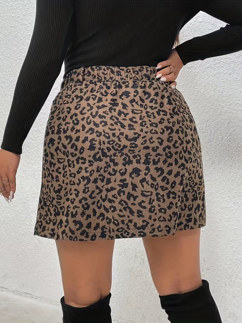 Leopard Print Corduroy Mini Skirt for Women