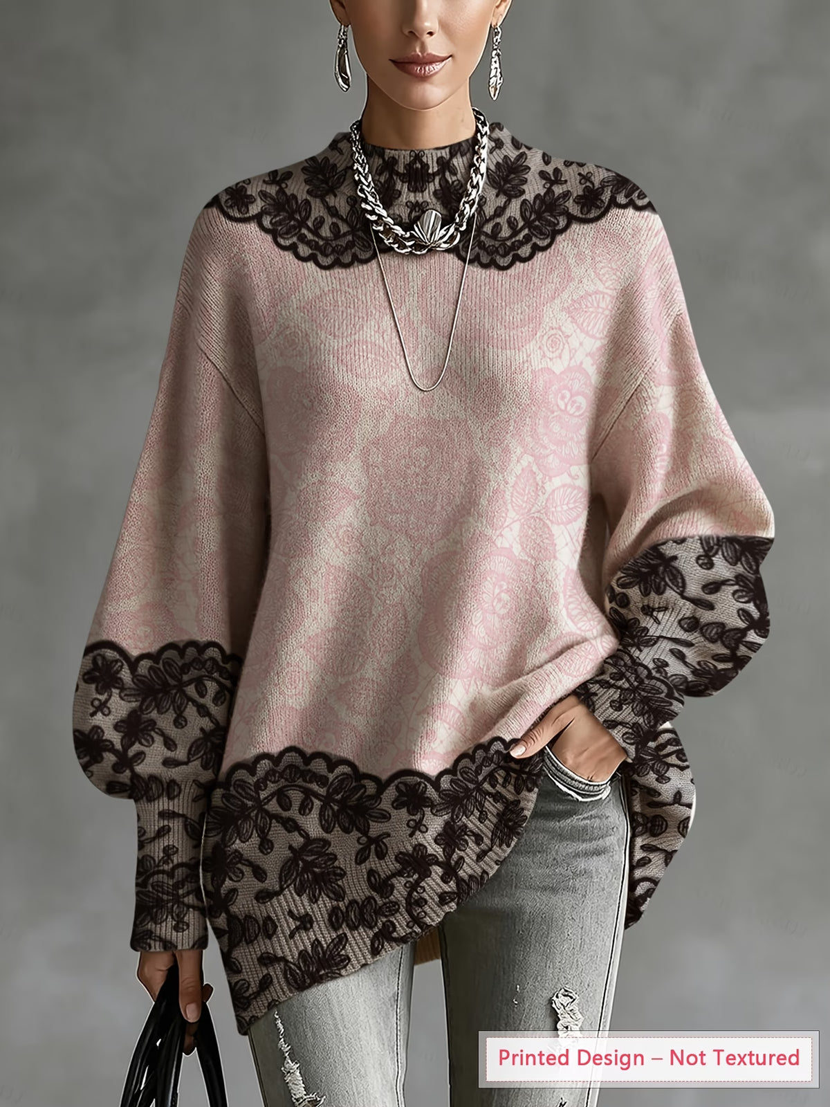 Women's Lightweight Pink & Black Rose Print Sweater