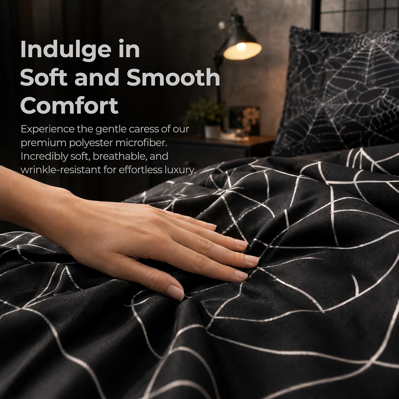 Halloween Spider Web Print Duvet Cover Set – 3pcs, 2D Flat Double-Sided Design, Solid Black Reverse (Inner Not Included)