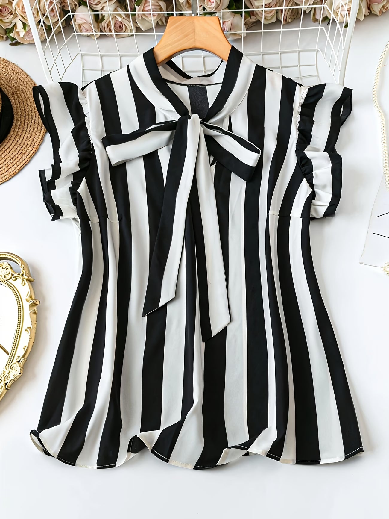 Plus Size Striped Tie-Neck Ruffle Sleeve Blouse