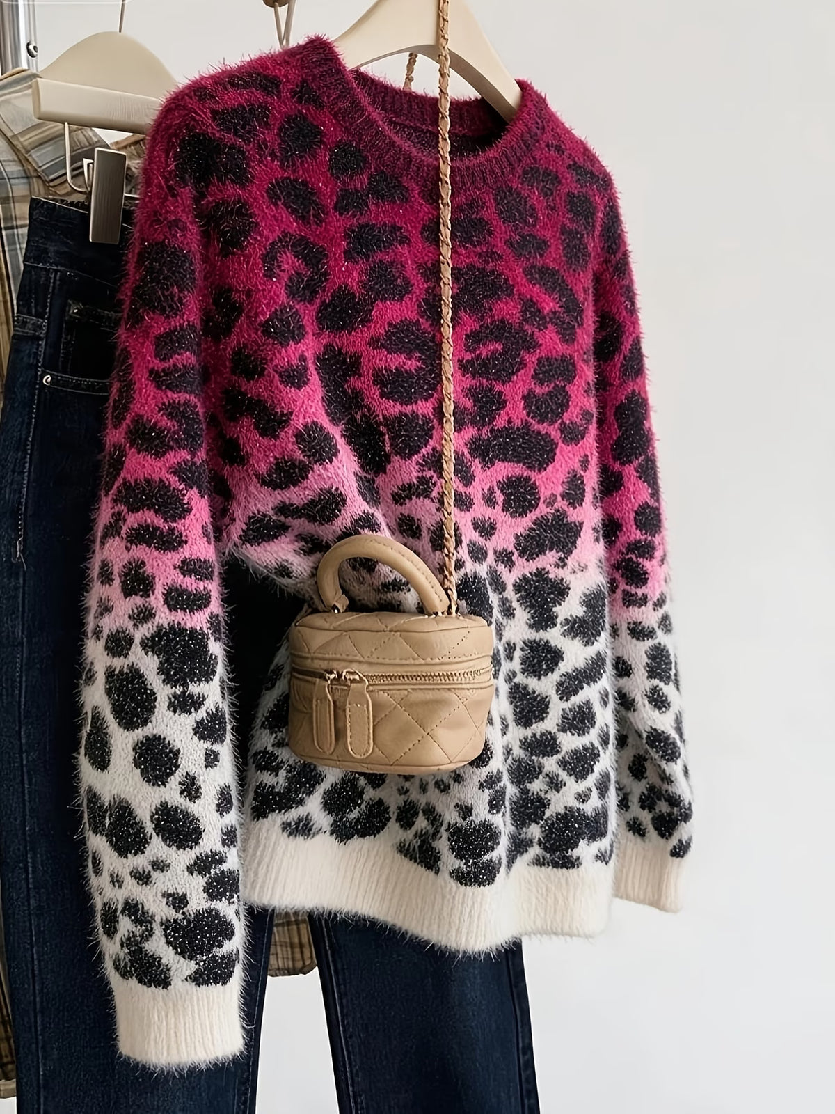 Blush Ombre Leopard Print Round Neck Sweater