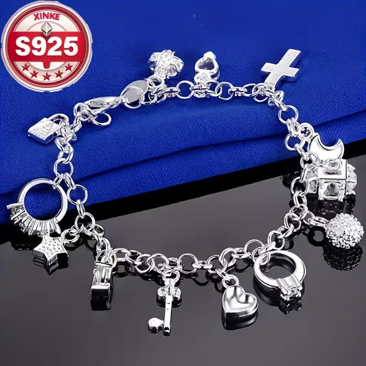 925 Sterling Silvery 13pcs Pendant Bracelet Set,