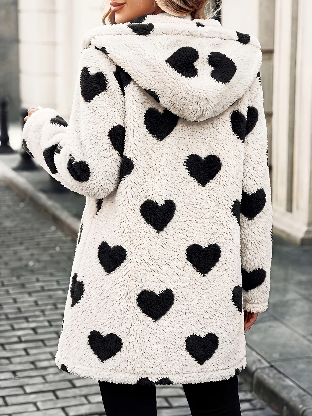 Black Heart Print Hooded Plush Coat – Teddy Fleece Mid-Length Cardigan