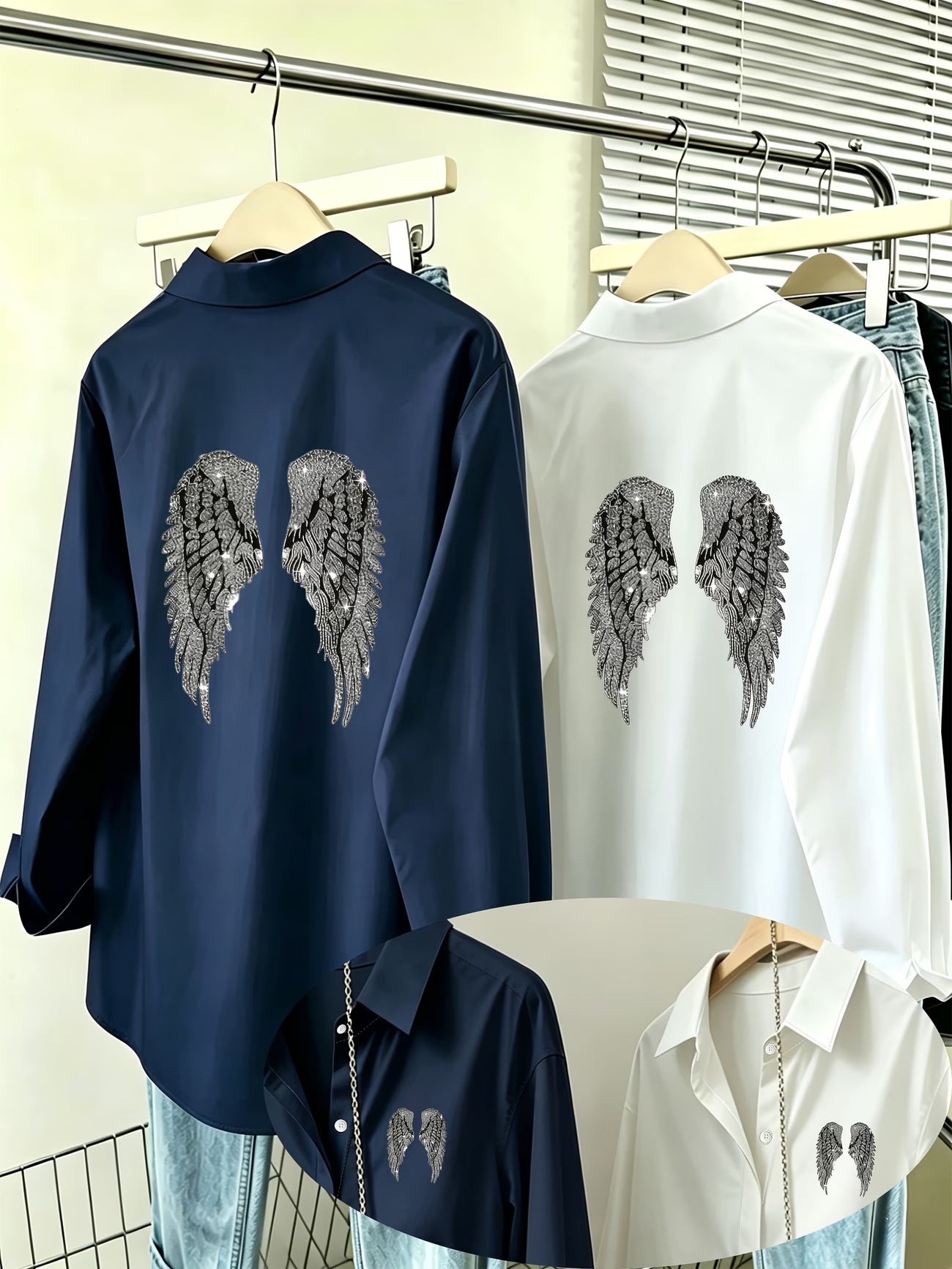 [2-Piece Set] Silvery Glitter Diamond Angel Wings Shirt