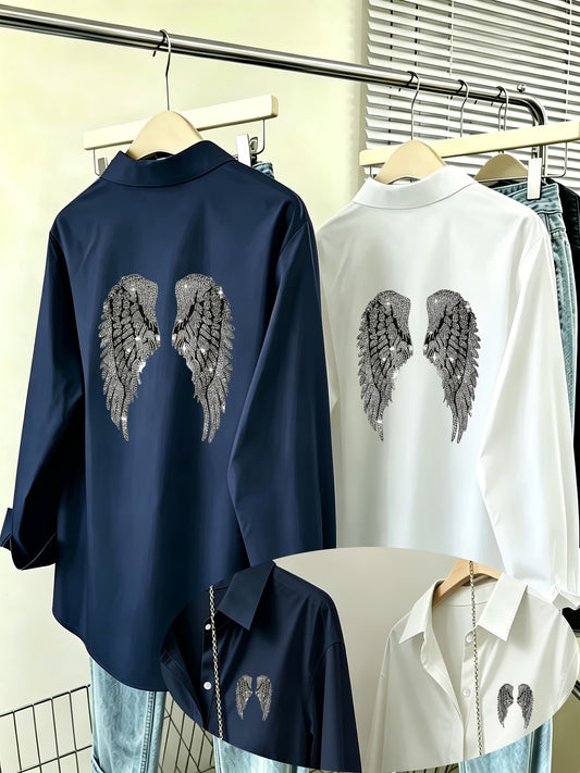 [2-Piece Set] Silvery Glitter Diamond Angel Wings Shirt