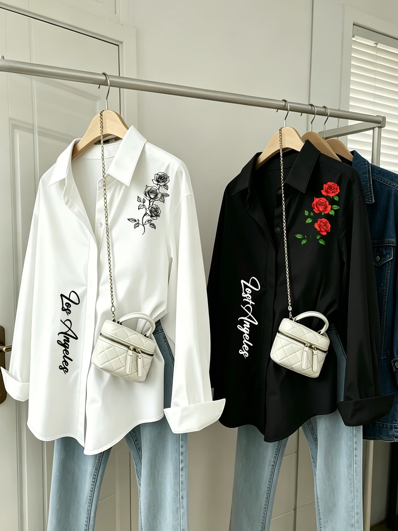 [2-Piece Set] Red Rose English Letter Button-Up Shirt