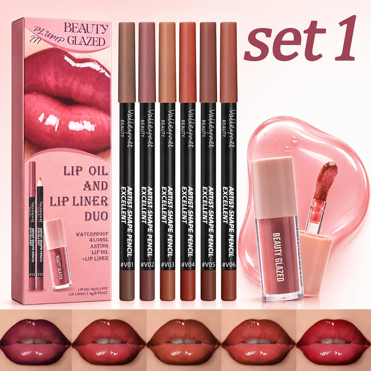 7pcs Lip Liner & Lip Oil Set | 6 Assorted Shades