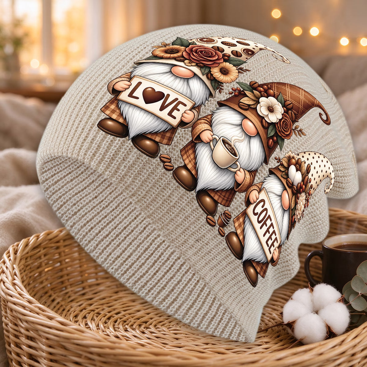 Coffee-Themed Gnome Print Unisex Winter Beanie