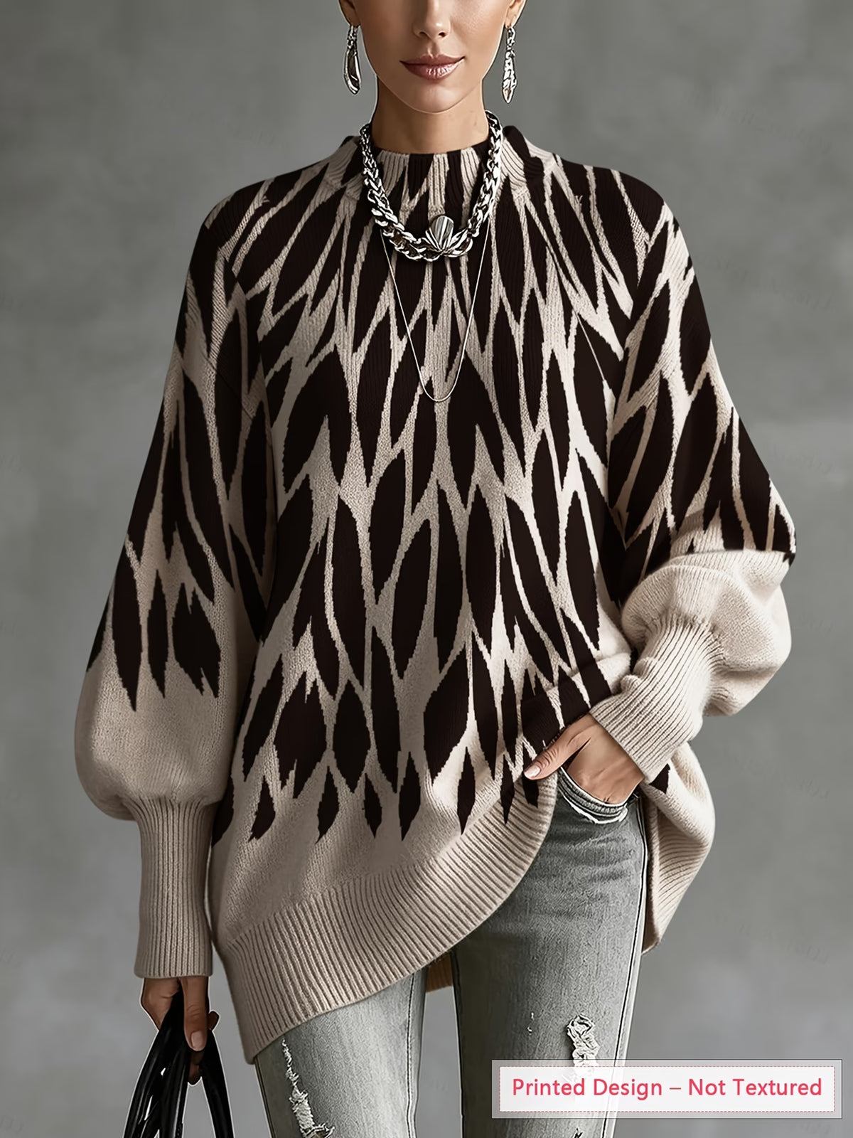 Women's Lightweight Abstract Print Sweater with Lantern Sleeves